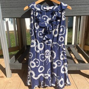 Amanda Uprichard Women’s 100% Silk Blue White Ruffled Sleeveless Mini Dress Sz M